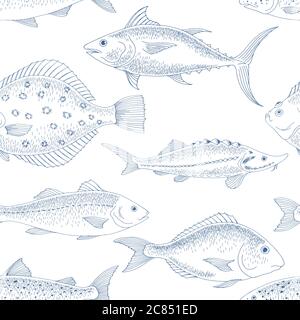 Fisch Grafik Farbe nahtlose Muster Hintergrund Skizze Illustration Vektor Stock Vektor