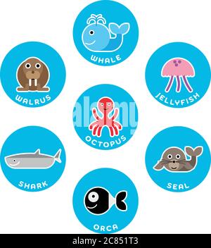 Meer und Meerestiere Sammlung. Set von 7 Comic-Figuren im Kreis mit Namensschildern. Vektorgrafik. Stock Vektor