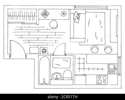 Home Plan Architektur Innenarchitektur Grafik schwarz weiß Skizze Illustration Vektor Stock Vektor