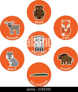 Nordamerikanische Wildtiersammlung. Set von 7 Comic-Figuren im Kreis mit Namensschildern. Vektorgrafik. Stock Vektor