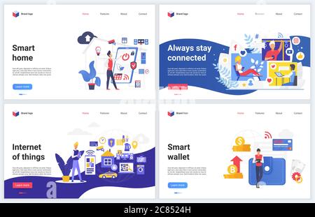 Smart Home iot-Technologie für die Zukunft Vektorgrafiken. Cartoon Wohnung futuristische Website-Interface-Design, mobile moderne Banner-Set mit Internet der Dinge Konzept, elektronische Tech-System Smart App Stock Vektor