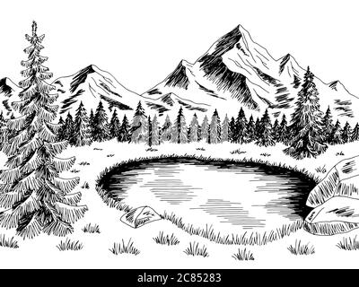 Teich Grafik schwarz weiß See Landschaft Skizze Illustration Vektor
