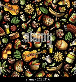 Cartoon handgezeichnete lateinamerikanische, mexikanische nahtlose Muster Stock Vektor