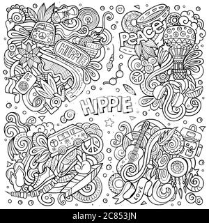 Linie Kunst Vektor Hand gezeichnete Kritzeleien Cartoon-Set von Hippie-Kombinationen von Objekten Stock Vektor