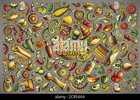 Doodle Cartoon Satz von mexikanischen Lebensmittel-Objekte Stock Vektor