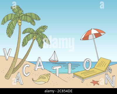 Küste Strand Grafik Farbe Landschaft Skizze Illustration Vektor Stock Vektor