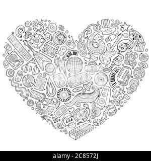 Set von Vektor-Cartoon Doodle musikalische Objekte in einem Herzen gesammelt Stock Vektor