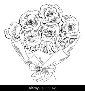 Poppy Blume Grafik schwarz weiß isoliert Bouquet Skizze Illustration Vektor Stock Vektor