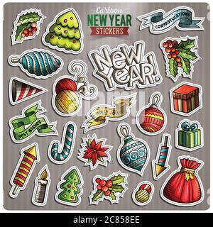 Set von Happy New Year Cartoon Sticker Stock Vektor
