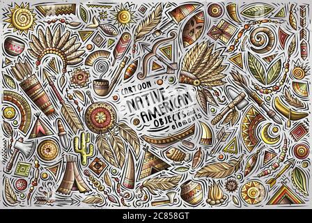 Bunte Vektor Hand gezeichnete Doodle Cartoon Satz von indianischen Objekten Stock Vektor