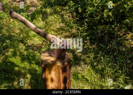 AX im Stumpf festgeklemmt. Axe mit Holzgriff in einem Stumpf im Wald. Stockfoto