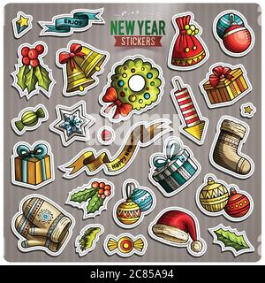 Set von Happy New Year Cartoon Sticker Stock Vektor