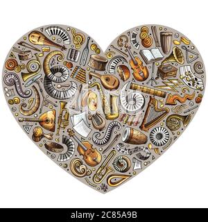 Set von Vektor-Cartoon Doodle klassische Musikinstrumente und Objekte in einem Herzen gesammelt Stock Vektor