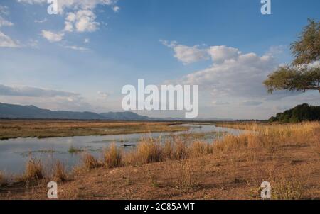 Blick auf den Zambezi-Fluss mit blauem Himmel und Wolken im Mana Pools National Park, Simbabwe Stockfoto