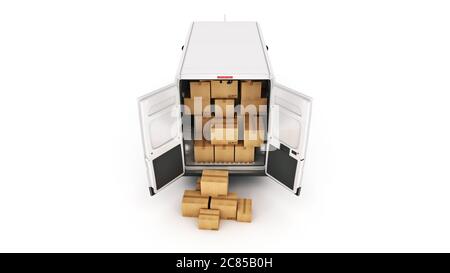 Lieferwagen mit Kartonagen. 3d-Rendering Stockfoto