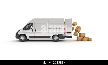 Lieferwagen mit Kartonagen. 3d-Rendering Stockfoto