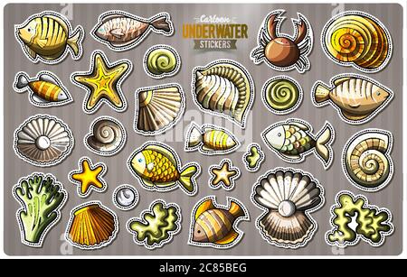Set von Unterwasser-Leben Cartoon-Aufkleber Stock Vektor