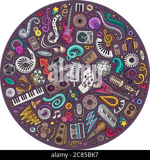 Set von Vektor-Cartoon Doodle musikalische Objekte in einem Kreis gesammelt Stock Vektor