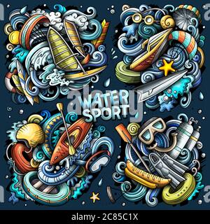 Vektor Hand gezeichnete Kritzeleien Cartoon Satz Wasser Sommer Sport Kombinationen Stock Vektor