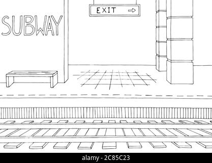 U-Bahn-Station Plattform Grafik schwarz weiß Skizze Illustration Vektor Stock Vektor