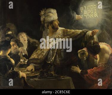 Das Belsazzars Fest von Rembrandt Van Rijn 1635. Die Nationalgalerie in London, Großbritannien Stockfoto