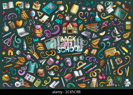 Vektor Doodle Cartoon Satz von Schule Objekte und Symbole Stock Vektor
