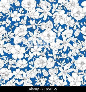 Vintage monochrome nahtlose Textur. Kleine verschiedene Blumen auf dem blauen Hintergrund. Forget-me-not, Pfeilspitze, Anemonia, Cyclamen, Bluebell Stock Vektor