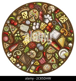 Set von Pizza Cartoon Doodle Objekte, Symbole und Elemente Stock Vektor