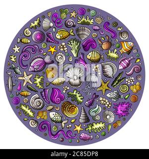 Set von Sealife Cartoon Doodle Objekte, Symbole und Elemente Stock Vektor