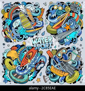 Vektor Hand gezeichnete Kritzeleien Cartoon Satz Wasser Sommer Sport Kombinationen Stock Vektor