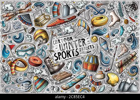 Vektor Hand gezeichnete Doodle Cartoon Satz von Wintersport-Objekte und Symbole Stock Vektor