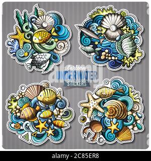 Set von Unterwasser-Leben Cartoon-Aufkleber Stock Vektor
