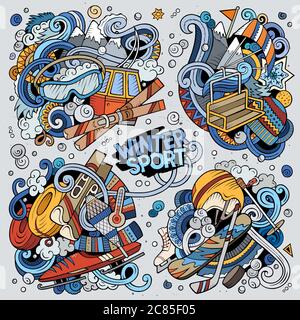 Bunte Vektor Hand gezeichnete Kritzeleien Cartoon-Set von Wintersport-Kombinationen Stock Vektor