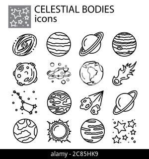 Himmelskörper, Planeten, Meteoriten, Sonnensystem, Kometen, Sterne setzen Symbol dünne Linie, linear, Umriss. Himmelskörper, Planeten, Meteoriten, Solar s Stock Vektor