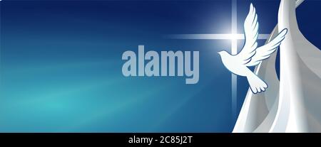 Taube mit christlichem Kreuz Symbol. Kruzifix. Blauer Hintergrund mit hellen Strahlen. Ostern. Symbol der Reinheit. Vertrauen. Taufe. Heiliger Geist. Evangelisierung Stockfoto