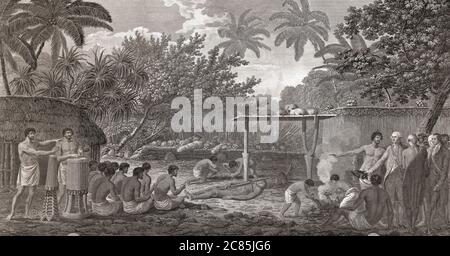 Captain Cook beobachtet ein Menschenopfer in Otaheite (Tahiti), September 1777. Nach einem Stich von William Woolett aus einem Werk von John Webber, veröffentlicht 1784. Stockfoto