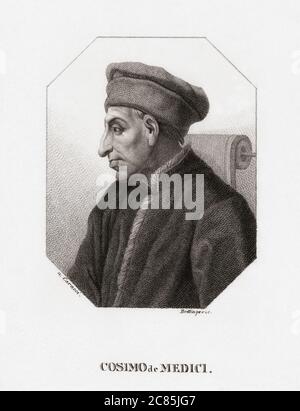 Cosimo di Giovanni de' Medici, 1389 - 1464. Florenitine Bankier, Geschäftsmann, Politiker und Kunstmäzenin. Nach einem Druck von Friedrich Wilhelm Bollinger aus einem Werk von Annibale Carracci. Stockfoto