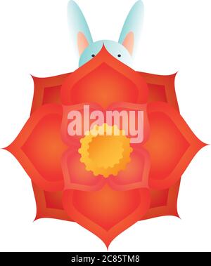 Niedlichen Kaninchen Blick auf die Blume auf weißem Hintergrund Vektor Illustration Design Stock Vektor