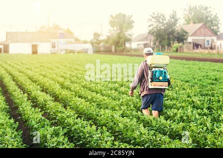 Ein Bauer mit einem Feldspritze geht durch die Kartoffelplantage. Behandlung des landwirtschaftlichen Feldes gegen Schädlinge und Pilzinfektionen. Verwenden Sie Chemikalien in Stockfoto