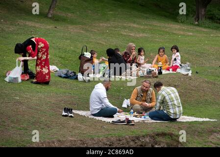 Kurdische Familienfreunde bei einem Picknick im Carding Mill Valley, Shropshire, England Stockfoto