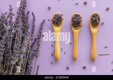 Trockene Lavendelblüte in Holzlöffel und Lavendelbukett auf violettem Hintergrund Stockfoto