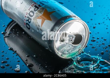 Sapporo Bierkrün mit Wasserspritzern auf schwarzem Grund und Wassertropfen. Bedford, Großbritannien, 9. Juni 2020. Stockfoto