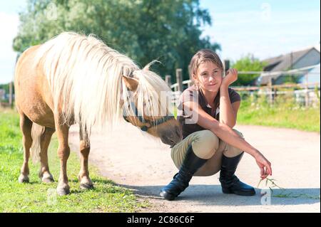 Gehorsam neugierig kleinen shetland Pony Pferd mit seinem Freund Teenager-Mädchen. Mehrfarbiges, horizontales Außenbild für die Sommerzeit. Stockfoto