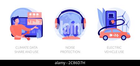 Gemeinsame Nutzung von Klimadaten, Lärmschutz, Nutzung von Elektrofahrzeugen Vektorkonzepten. Stock Vektor