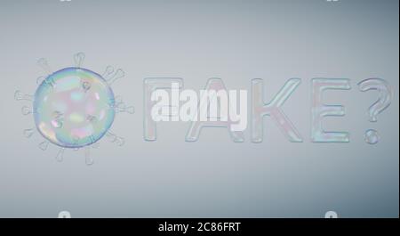 Coronavirus COVID-19 Grippebakterien aus Seifenblase. Mikroskopische Ansicht einer Mikrobenzelle. Einige Leute behaupten, dass Virus eine Fälschung ist und Quarantäne ist gehen Stockfoto