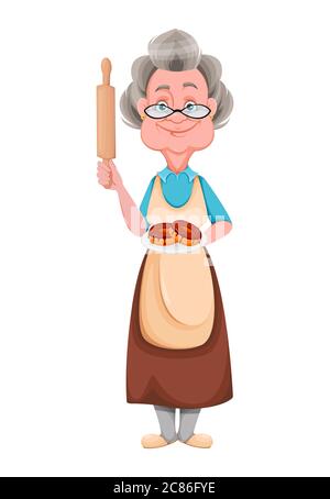 Alles gute zum Großeltern Tag. Kind Oma Holding Teller mit Donuts. Nette alte Frau. Fröhliche Großmutter Cartoon-Charakter. Vektordarstellung isoliert ein Stock Vektor