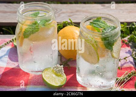 Kaltes Erfrischungsgetränk im Glasgefäß mit Zitronenscheiben und Limetten. Dekoriert mit frischen Minzkräutern auf Holzhintergrund. Stockfoto