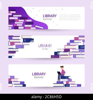 Set Banner Online-Bibliothek. Großer Stapel von Büchern auf ihnen sitzt junger Mann mit Laptop. Vektor-Illustration in modernem flachen Design. Stock Vektor