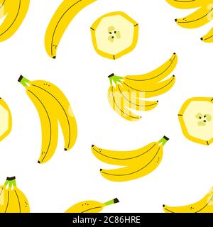 Positiver Fruit Summer Print mit Bananenbündel isoliert auf weißem Hintergrund. Vektor nahtlose Muster, endlose Textur in flachen Cartoon-Stil. Exotisch Stock Vektor