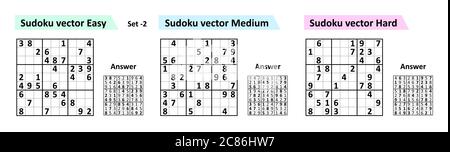 Sudoku-Spiel mit Antworten. Einfaches Vektor-Design-Set Sudoku. Leere Vorlage. Stock Vektor